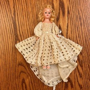 Vintage 1950s Hard Plastic 8” Wedding Doll in a Crocheted Dress